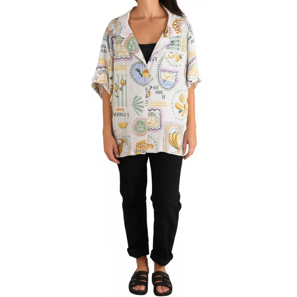 Paper Heart Womens XL White Fruit Print Button Up Italian Theme Vacation Resort